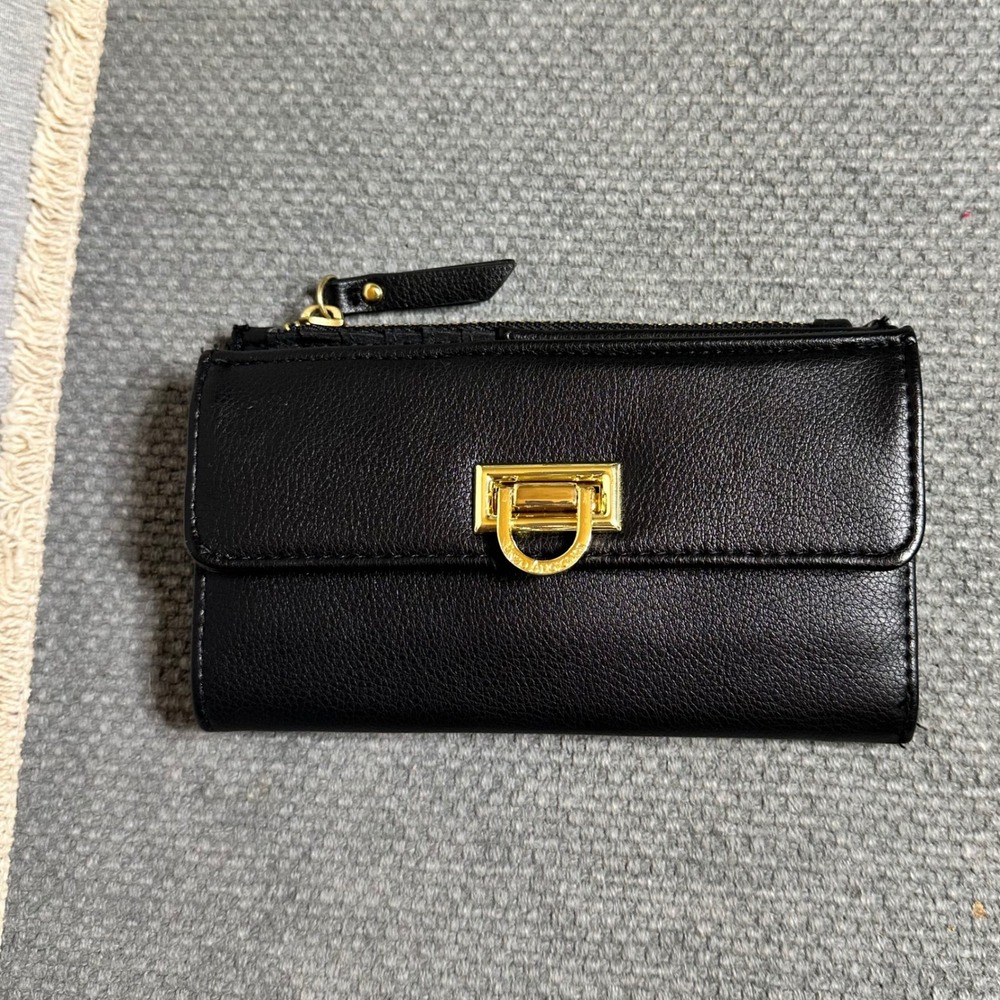 Enzo Angiolini Black Faux Leather Bifold Wallet Gold Hardware Turn Lock Womens